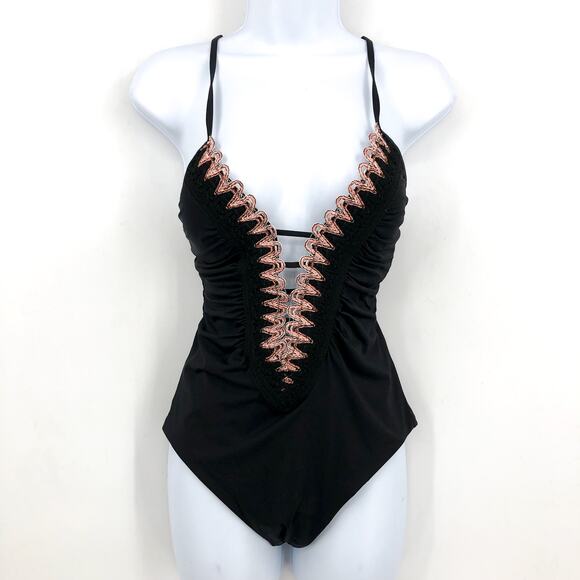 BECCA Women's Layla Plunge One-Piece Swimsuit Large Black Open Back NWT - Picture 4 of 12